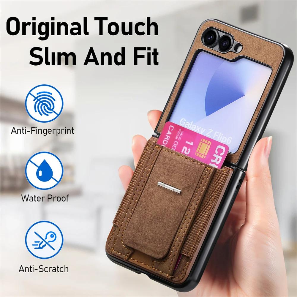 Retro Leather Bracket Wallet with Card Holder Phone Case for Samsung Galaxy Z Flip 6 5 4 3 Flip6 Flip5 Flip4 Protective Cover