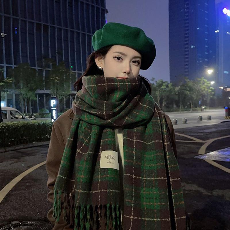 

New atmosphere Chinese red fringed women s autumn and winter new knitted warm Christmas plaid scarf 200 * 65CM 240g