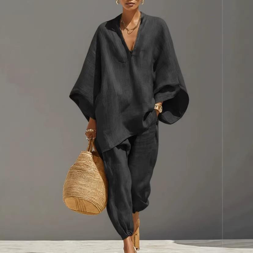 Dames V-hals Vleermuis 3/4 Mouw Losse Pasvorm Twee Delig Set Effen Oversized Shirt Joggingbroek Bijpassende Loungewear Casual Vakantie Outfit