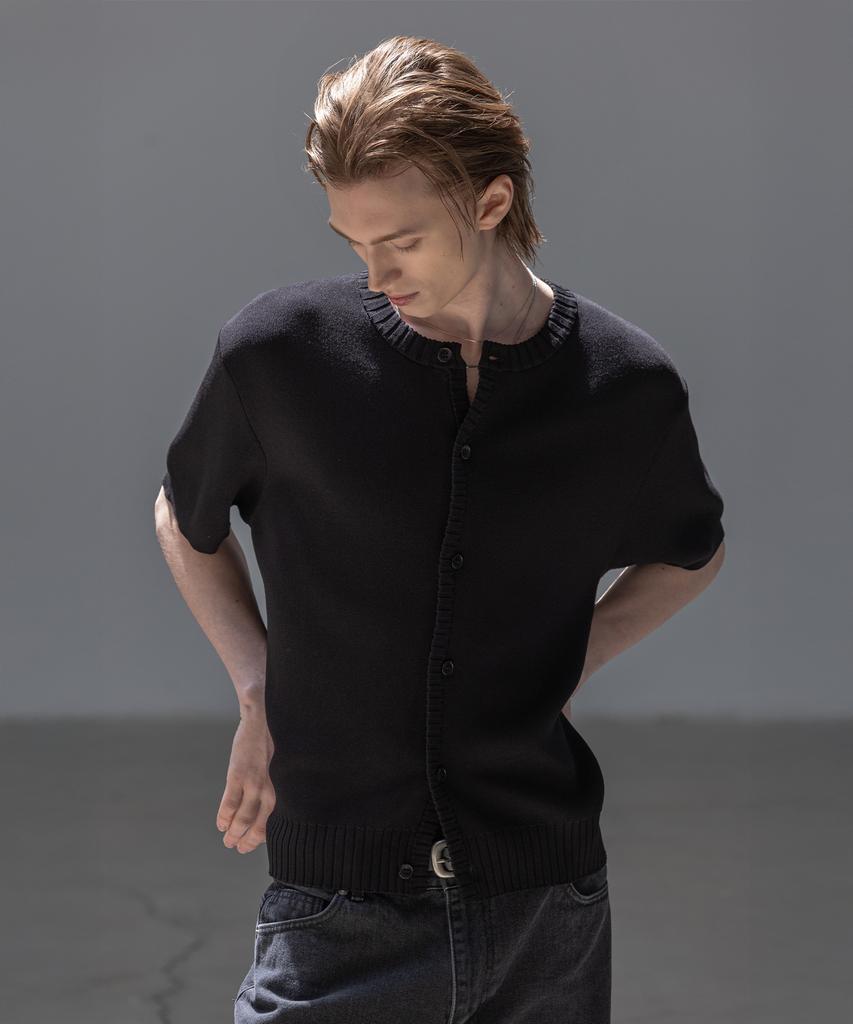 Dekkoloso Panel Rib Short Sleeve Summer Round Cardigan [Black]