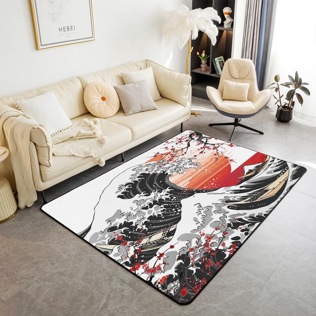 Japanese Ukiyo-e Great Wave Crane & Cherry Blossom Print Area Rug, Non-Slip Floor Mat for Living Room Bedroom Home Decor Carpet