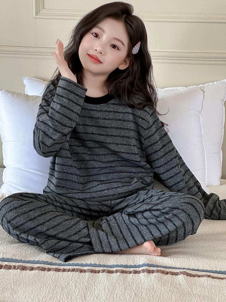 2025 Girls' Striped Cotton Pajamas Set - Long Sleeve Autumn Homewear for Little & Big Girls