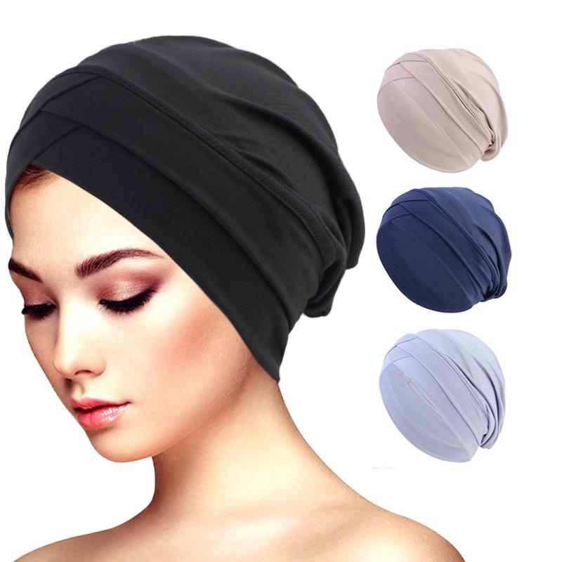 New Classic Forehead Cross Turban Hat Elegant Solid Color Head Wraps Headscarf Breathable Elastic Beanies Muslim Chemo Cap