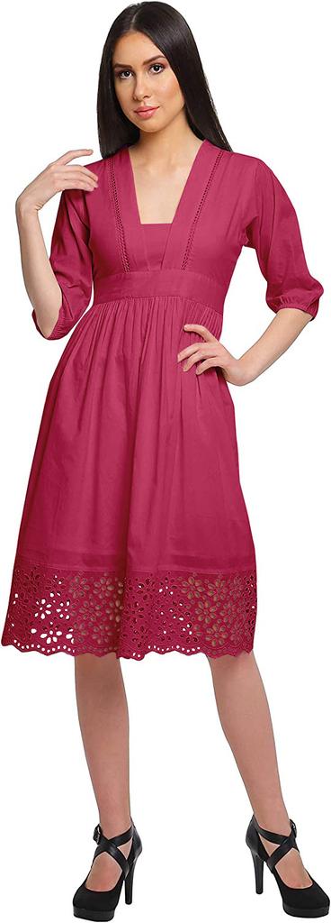 Moomaya Solid Midi Dress For Women Plus Size Lace Details Clothing Summer