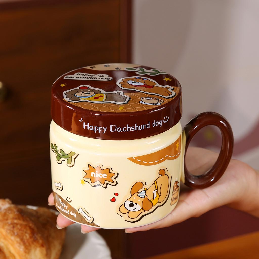 Dackel Keramik Wasserbecher Süße Tasse mit Deckel und Löffel Kreativer Jungenstil Kinder Frühstückstasse Große Kapazität