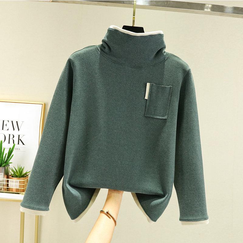 German Velvet Women's Half Turtleneck Pocket Top - Thick, Warm, Slimming, and Versatile Two-In-One for Autumn/Winter.