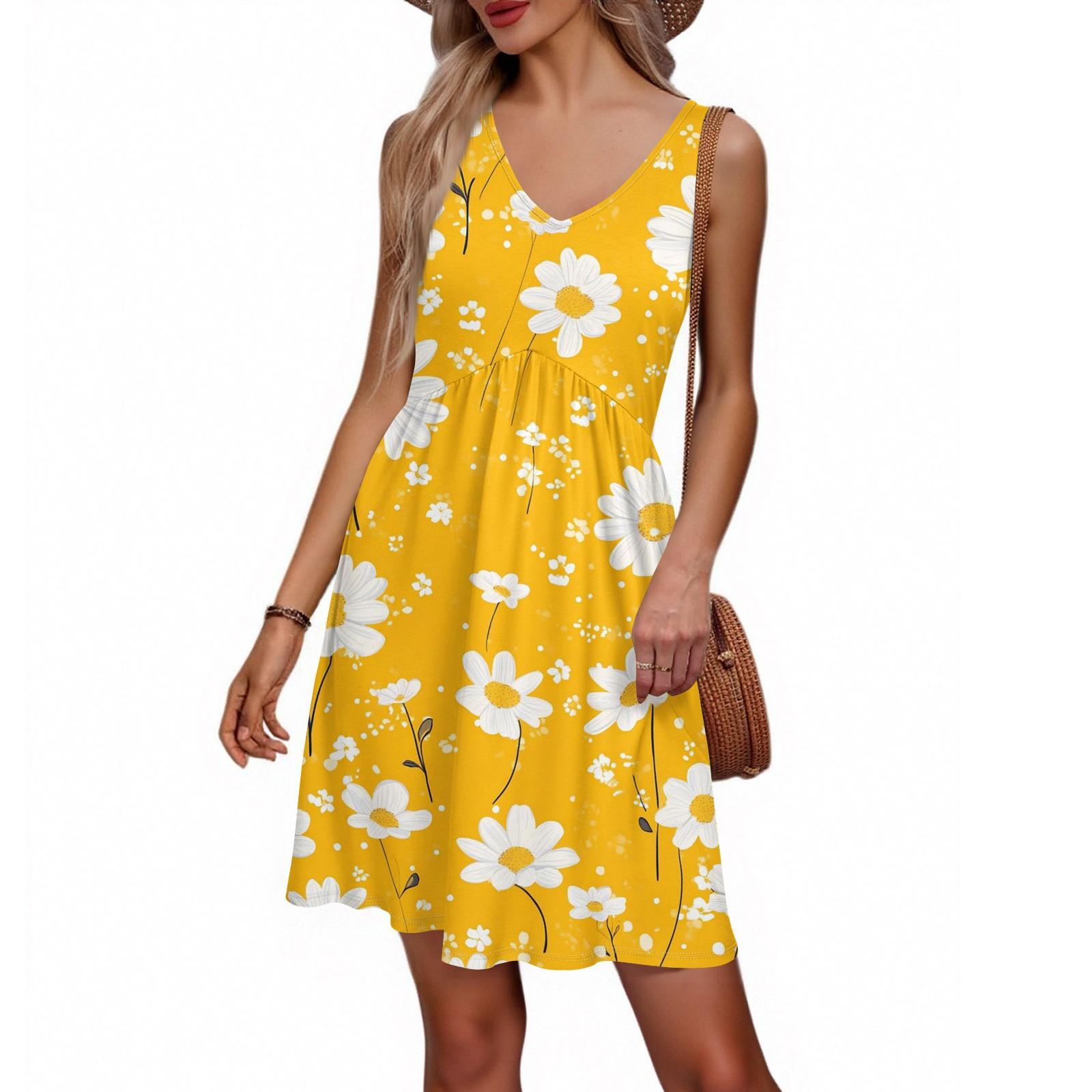 

Женское летнее платье с V-образным вырезом в повседневном пляжном стиле для отпуска, в стиле ретро с цветочным принтом, без рукавов, с лоскутным дизайном XL жёлтый