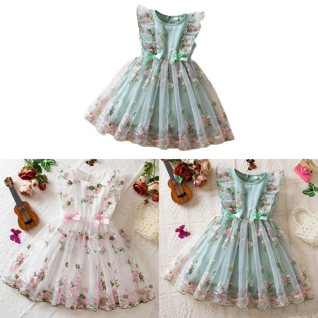 Girl Summer Princess Dress With Embroidered Flowers And Bow For Toddler Girls