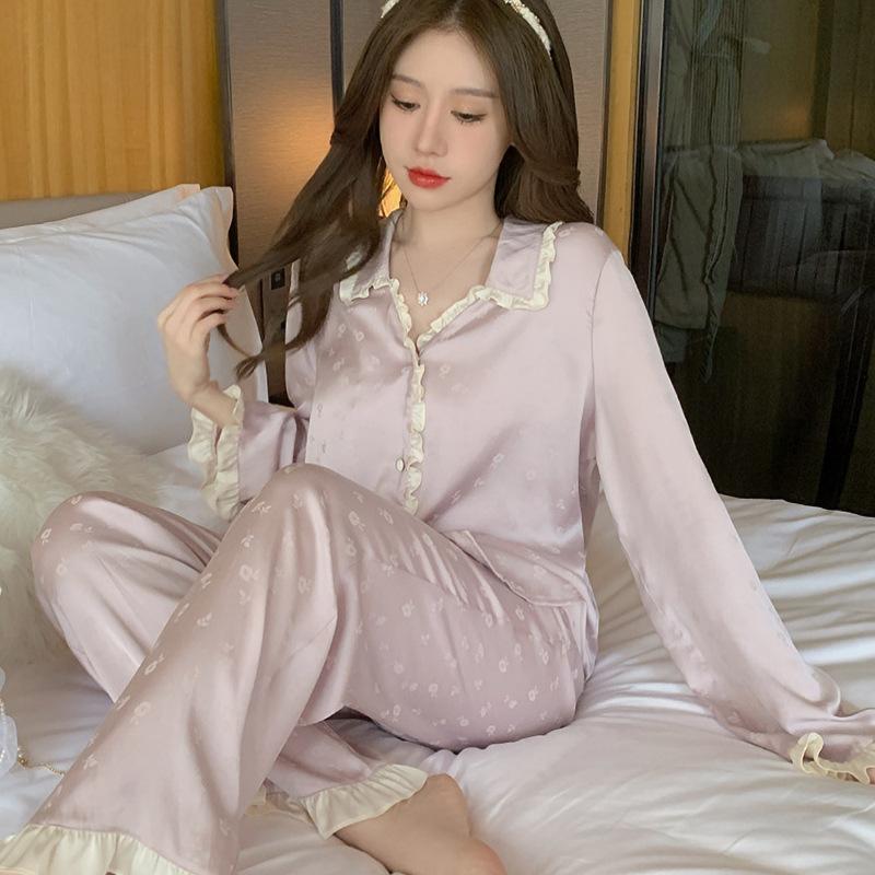 Cute Girl Princess Style New Long-Sleeved Ice Silk Pajamas Women'S Summer Sweet Lace Loungewear Two-Piece Set