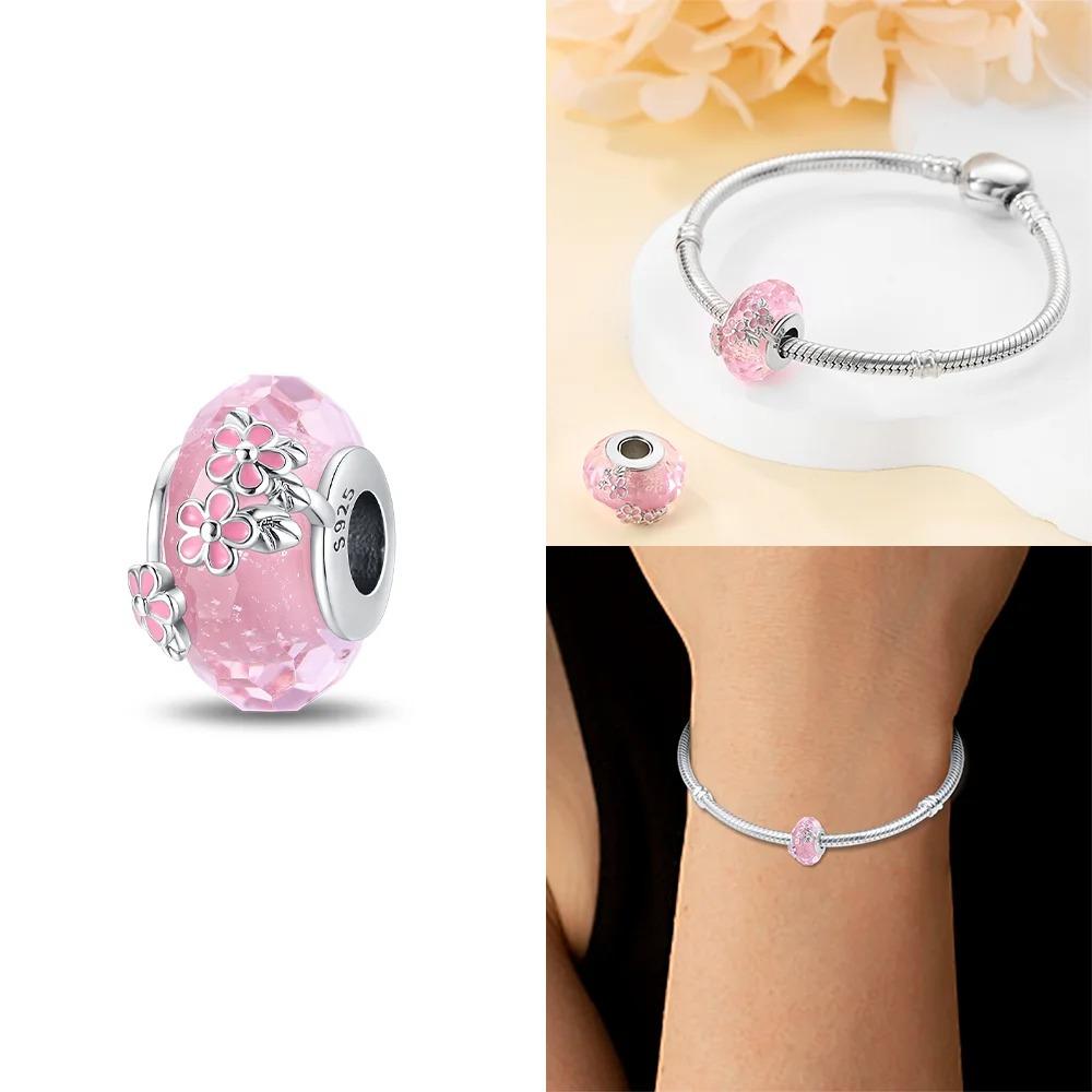 Original Rosa Glasperlen Blaue Romantische Perlen 925 Silber Charms für Frauen DIY Schmuckherstellung Armband Passend