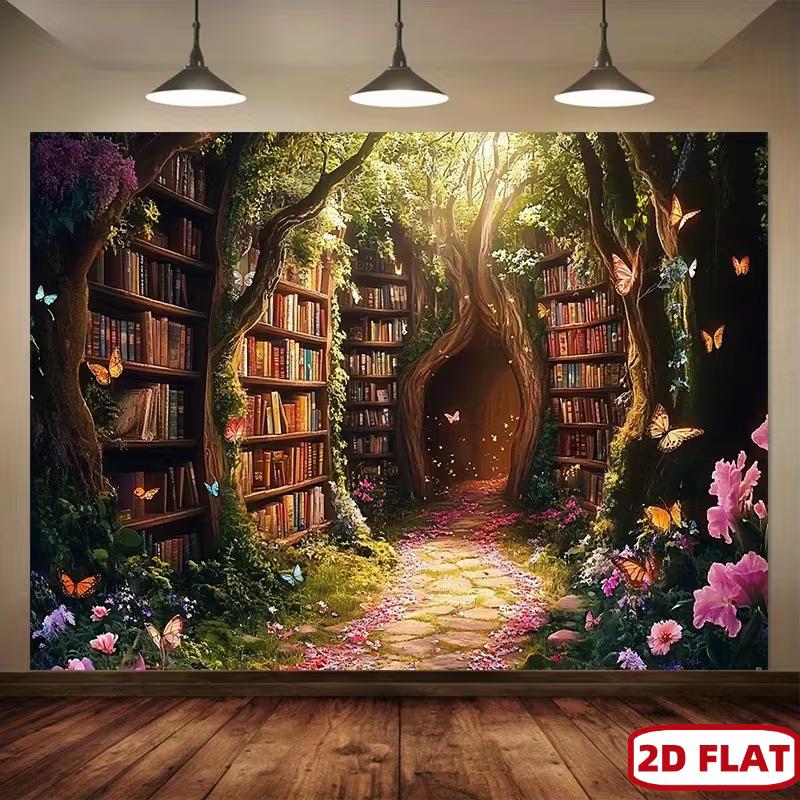 2D Magical Forest Bookshelf Tapestry Flower Path & Butterfly Wall Art Decor 47.2x31.5inch/120*80cm