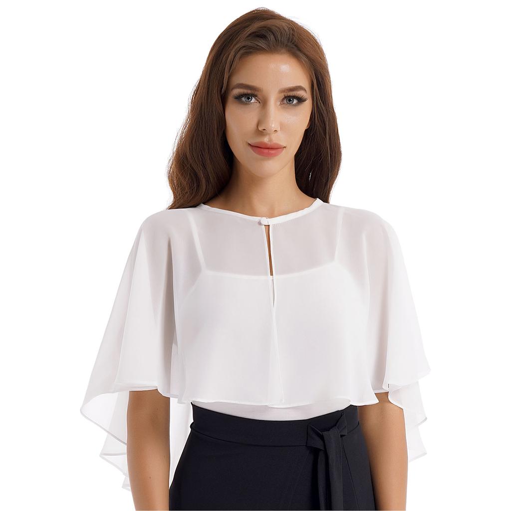 Womens Chiffon Cape Shawl One Button Cover Up Sheer Wedding Party Dress Wrap for Bridal or Evening Events