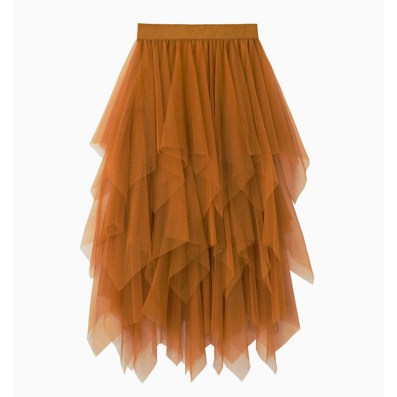 Damen Frühling Asymmetrischer Mesh Midi Rock - Hohe Taille Transparente Einsätze Schlankmachender Rock mit Fließendem Lagen-Design