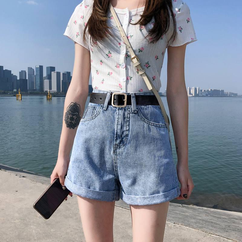 BOGO Summer High-Waisted Women s Rolled-Up Wide-Leg Denim Shorts S