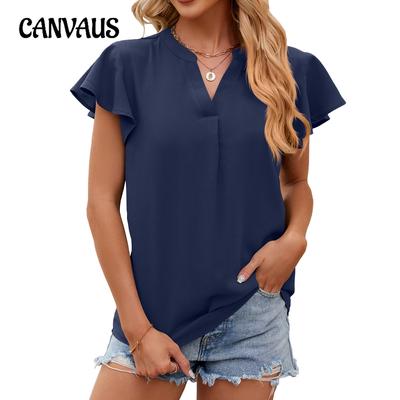 Sommer T-Shirt Einfarbig V-Ausschnitt Locker Kurzarm Chiffon Shirt Tops für Damen