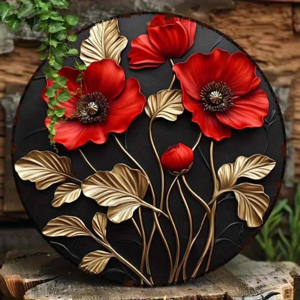 Metal Wall Art Red Poppy Vintage Round Print Kitchen Office Cafe Decor
