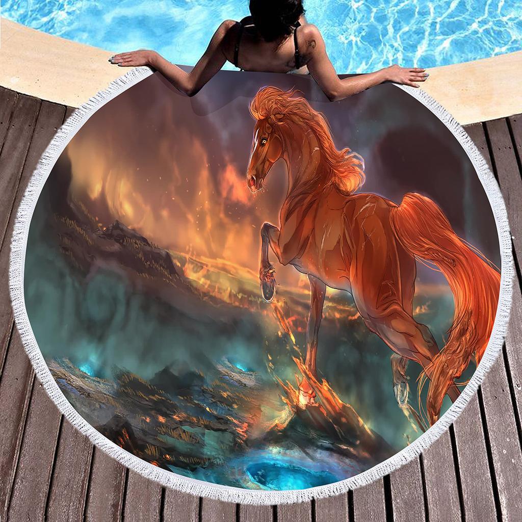 Horse Round Beach Towel,Wild Horse Beach Blanket Shawl Soft Microfiber Cowboys Western Farmhouse Rustic Theme Towel For Picnic