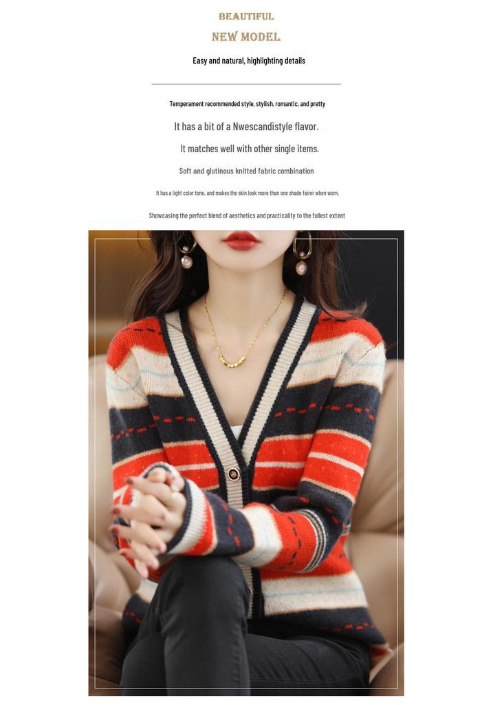 Autumn 2023 Women's V-Neck Color Block Striped Knit Cardigan - Versatile Fashion for Casual Wear
