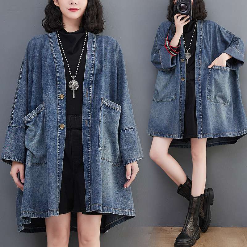 Women's Autumn Retro V-neck Pocket Denim Jacket Ladies Loose Causal Medium Long Trench Jacket
