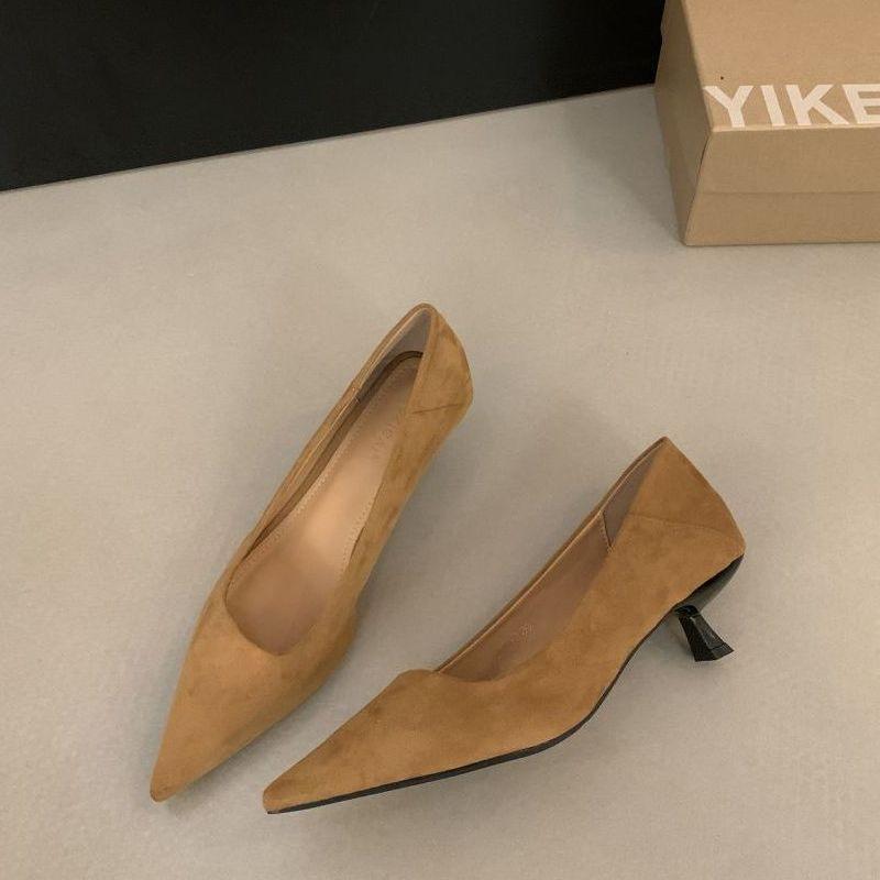 French Pointed Kitten and Black High Heels Women's 2025 New Spring and Autumn Fine Heel Suede Light Mouth Commuter Shoes
