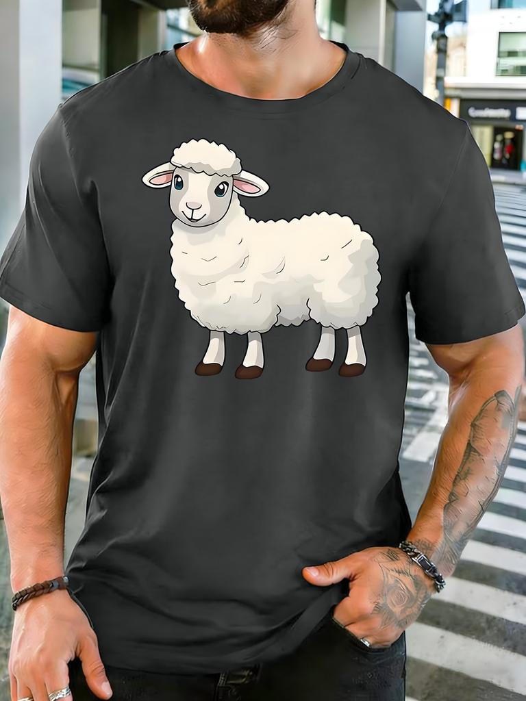 Unisexs Red Crew Neck Tee Lovely Fluffy White Lamb Cartoon Print Loose Summer Street Casual Daily Basic Short Sleeve Daily Wear Top