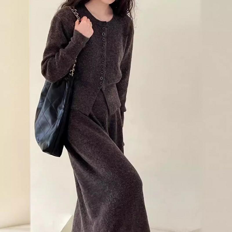 Womens Winter Solid Color Slim Fit Knit Cardigan High Waist Midi Skirt Set Elegant Casual Two Piece Outfit
