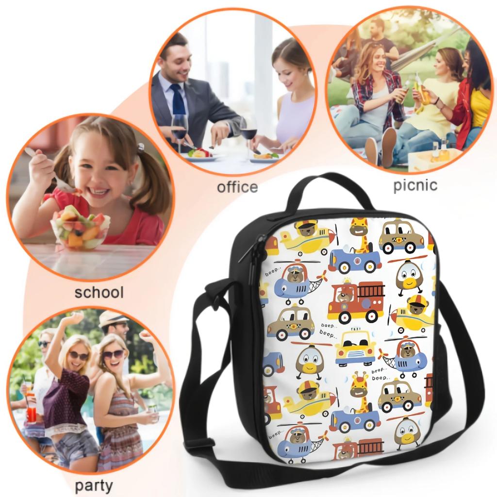 Cute Animals On Vehicles Insulated Thermal Lunch Bags for Boys Girls Washable Lunch Container Food Carrier for School Travel
