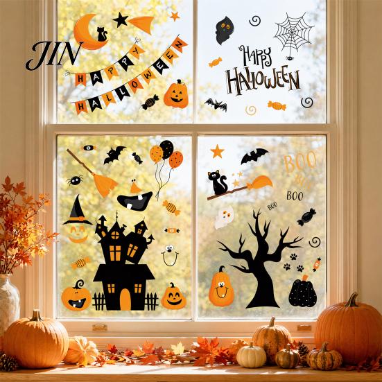 Cartoon Pumpkin Window Cling 4 Sheets Halloween Electrostatic Glass Stickers, Pumpkins Castle Bats Bright Color Decals PVC Waterproof Static