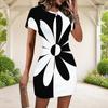 Women Plus Size Round Neck Short Sleeve Black White Printed Fitted Mini Dress