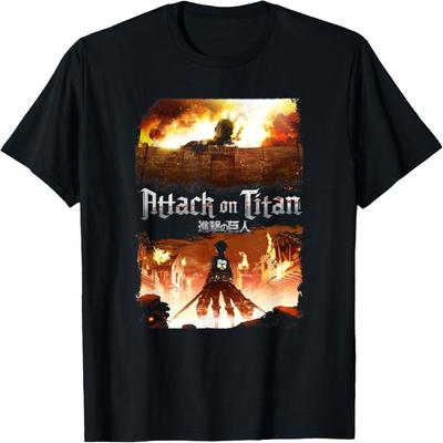 Attaque des Titans Illustration Clé Scène d'Attaque Flamboyante T-shirt Anime AOT
