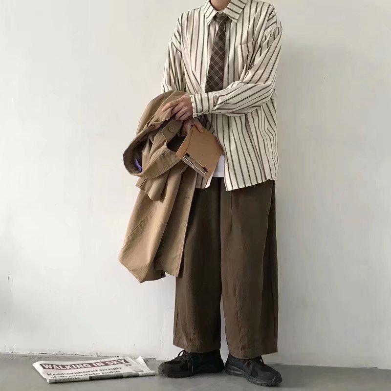 Men's Japanese Retro Striped Long Sleeve Shirt - Spring Hong Kong Style, Loose Fit, Trendy and Versatile