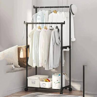 Movable Double Rod Clothes Rack Heavy Duty Coat Shelf with Wheels Bedroom Floor Hangers Organizer Home Shoe Hat Storage Racks