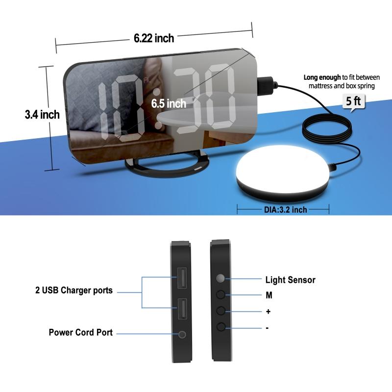 Home LED Digital Clock Large Display Loud Vibrating Alarm Mirror Night Light Snooze Dimmer for Bedroom Kid Heavy Sleeper