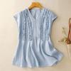 Women's Light Blue Linen Blouse V-Neck Ruffle Trim Sleeveless Casual Loose Fit Top