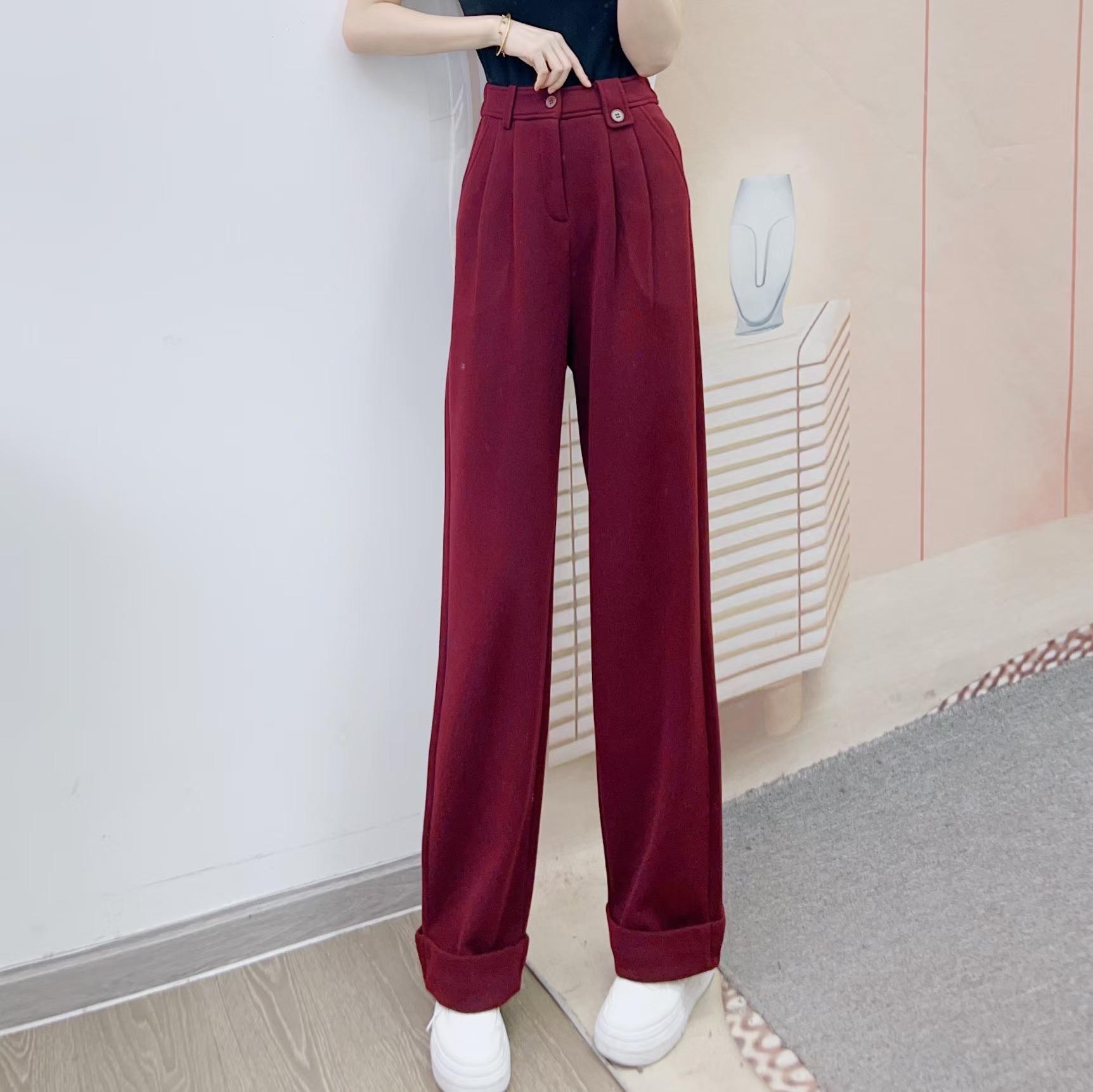 2025 Autumn/Winter High-Waisted Plus Velvet Slimming Straight Wide-Leg Pants Size 24