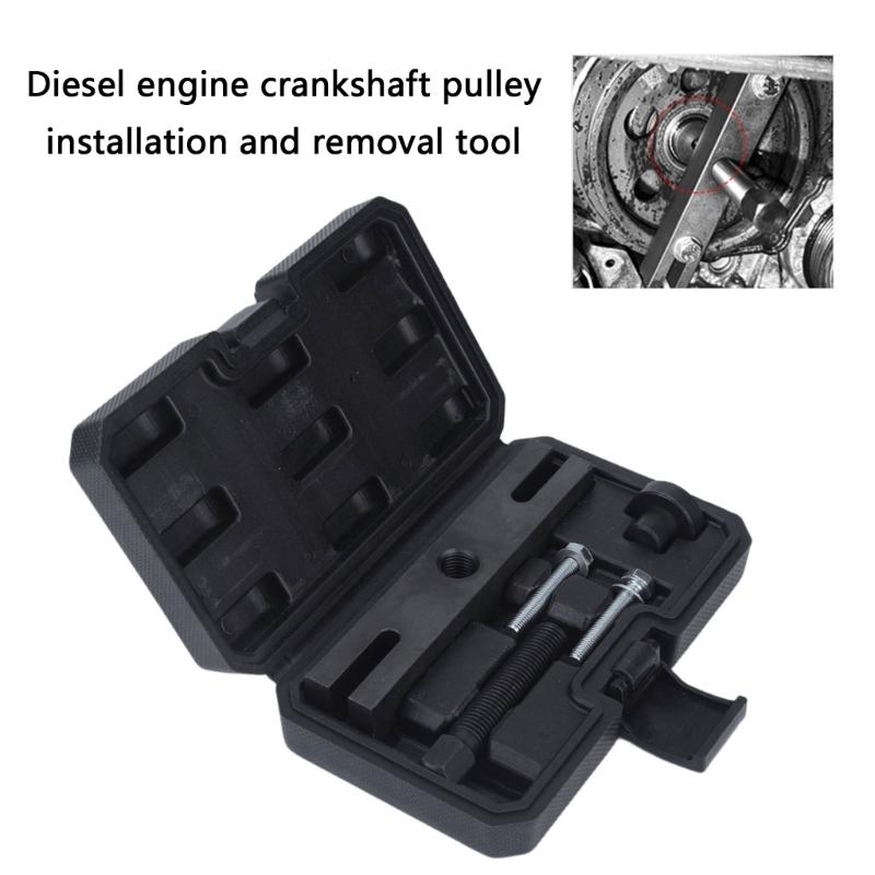 Crankshaft Pulley Installation Tool Set with Threaded Screw, Two Bolts, Round Fitting, Metal Bar, and Storage Case for Engine Removal Tasks