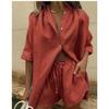 Summer Women Fashion Two Piece Set Casual Loose Button Tops with Drawstring Shorts Solid Color Home Suits Short Sleeve Outfit