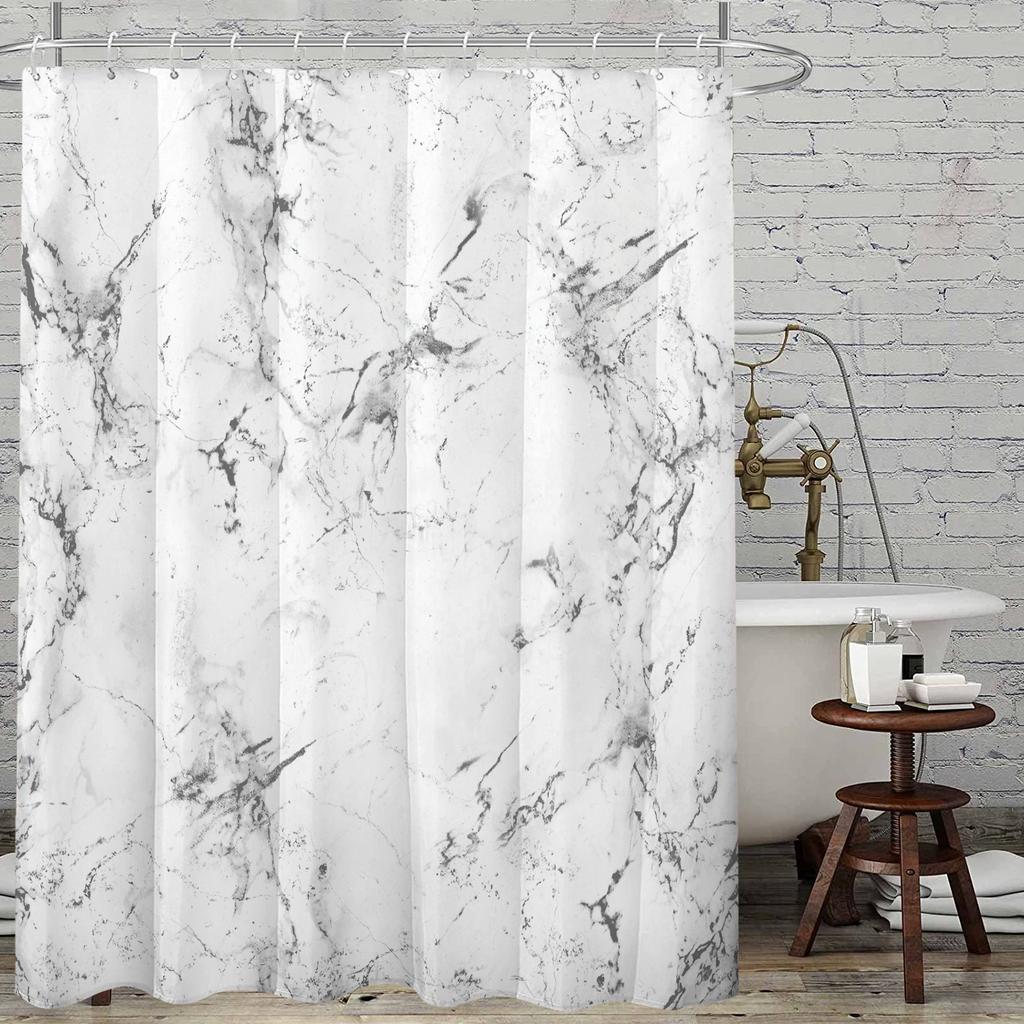 Elegant White Marble Print Shower Curtain with Hooks Polyester Minimalist Bathroom Decor Machine Washable