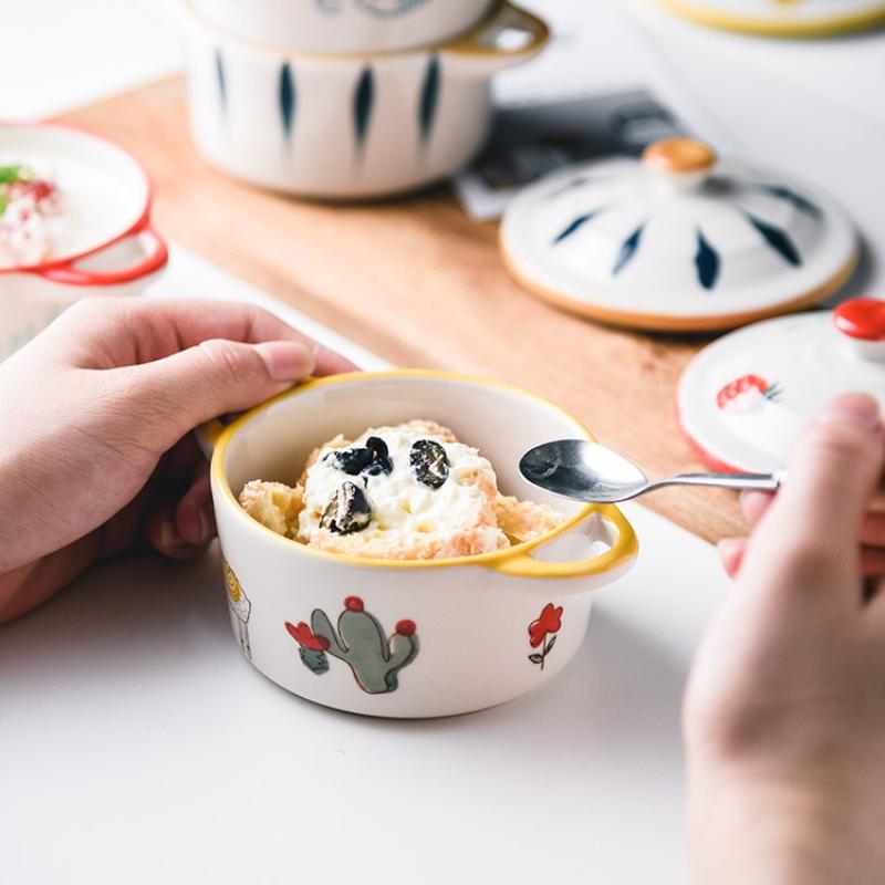 Keramikschüssel Cartoon Doppelohrschüssel mit Deckel Kinder Nahrungsergänzungsschüssel Ramen Schüssel Salat Lebensmittelbehälter Mikrowellenofen Geschirr