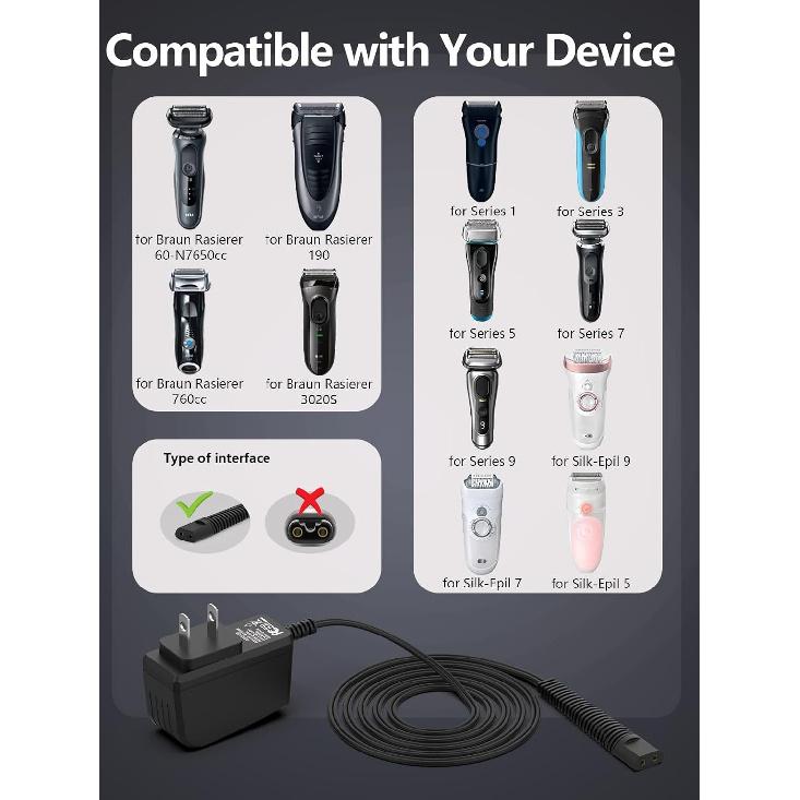 12V Shaver Charger Compatible with Braun Series 9 8 7 6 5 3 1, Electric Razor Charger Cord Replacement Compatible with Braun 3040s 340s 5018s 7020s