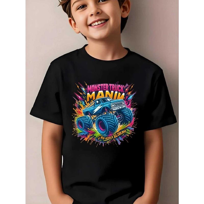 European Sizes Boys' Monster Truck Mania T-Shirt - Durable Short Sleeve Shirt with Truck & Action Print, Casual Round Neck Summer Top