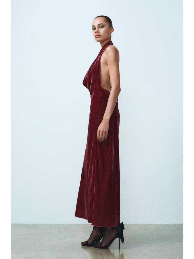 Velvet Halter Neck Backless A-line Midi Dress - Spring & Autumn Women's European Style