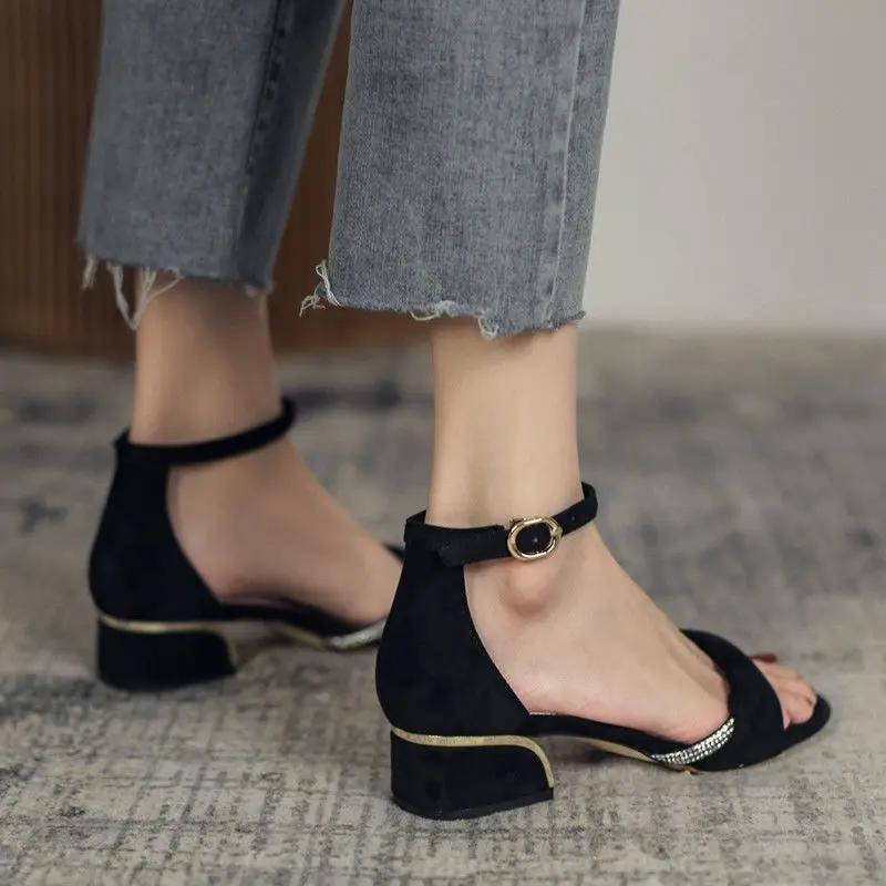 Fashion One Word High Heels with Strap Ladies Shoes Summer 2024 Thick Heel Sandals for Women Footwear Rhinestones Wholesale The Best Vip