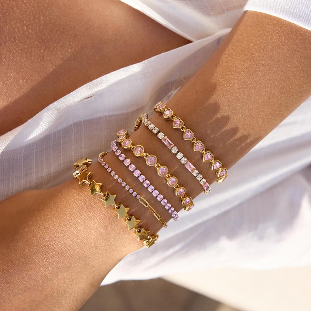 Fine Jewelry 316L Stainless Steel Star Chain Bracelets Women Bling Cubic Zirconia CZ Pink Heart Tennis Chain Bracelet