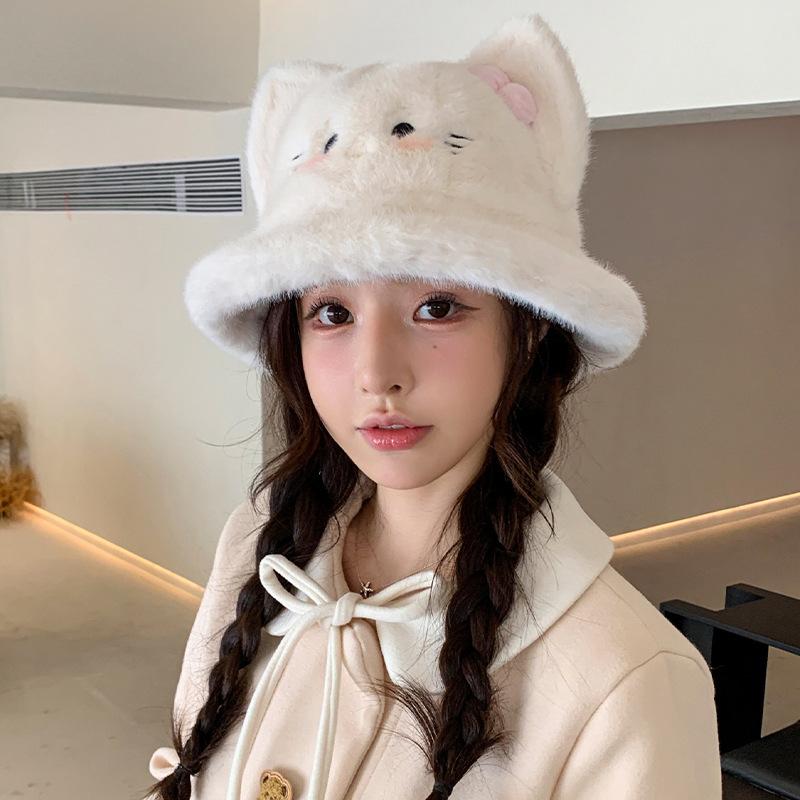 New cute cat bow plush hat women's autumn and winter basin hat big head circumference showing face small bucket hat