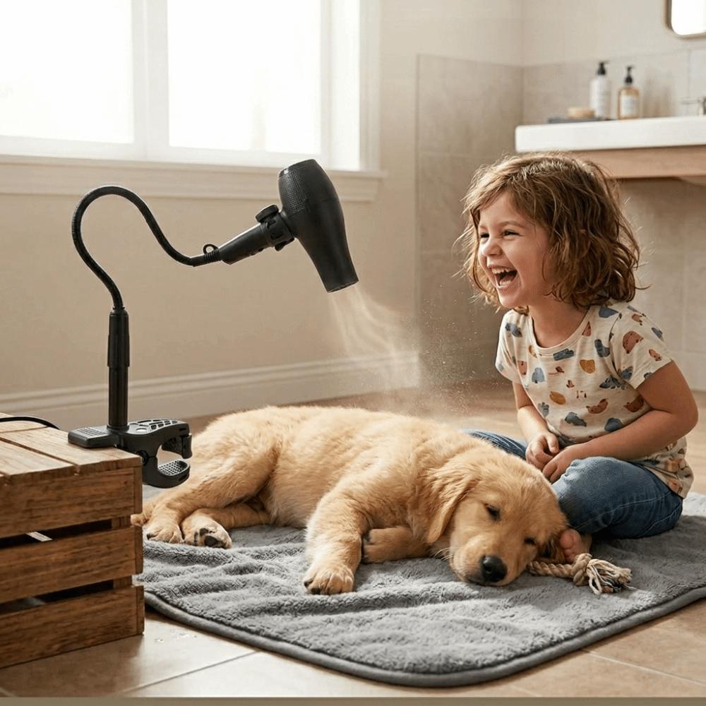 Aluminum Alloy Grooming Stand Stable 360 Degree Adjustable Pet Dryer Clamp Mount Black Gooseneck Dual‑Use Dryer Support