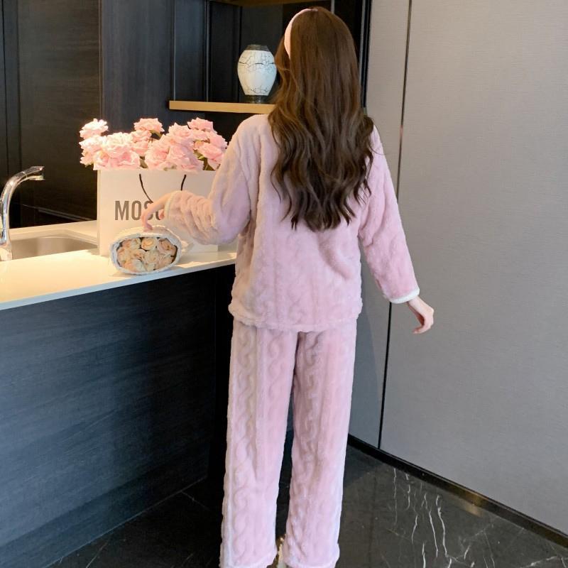 Autumn Winter Female 2Pcs Pajamas Set Thicken Warm Flannel Sleepwear Trouser Suits Pyjama Loose Casual Home Clothes Lounge Wear