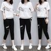 Women's Summer Plus Size Ageing Sports Suit V-neck Printing Short-sleeved T-shirt + Casual Seven-minute Pants Two-piece Set
