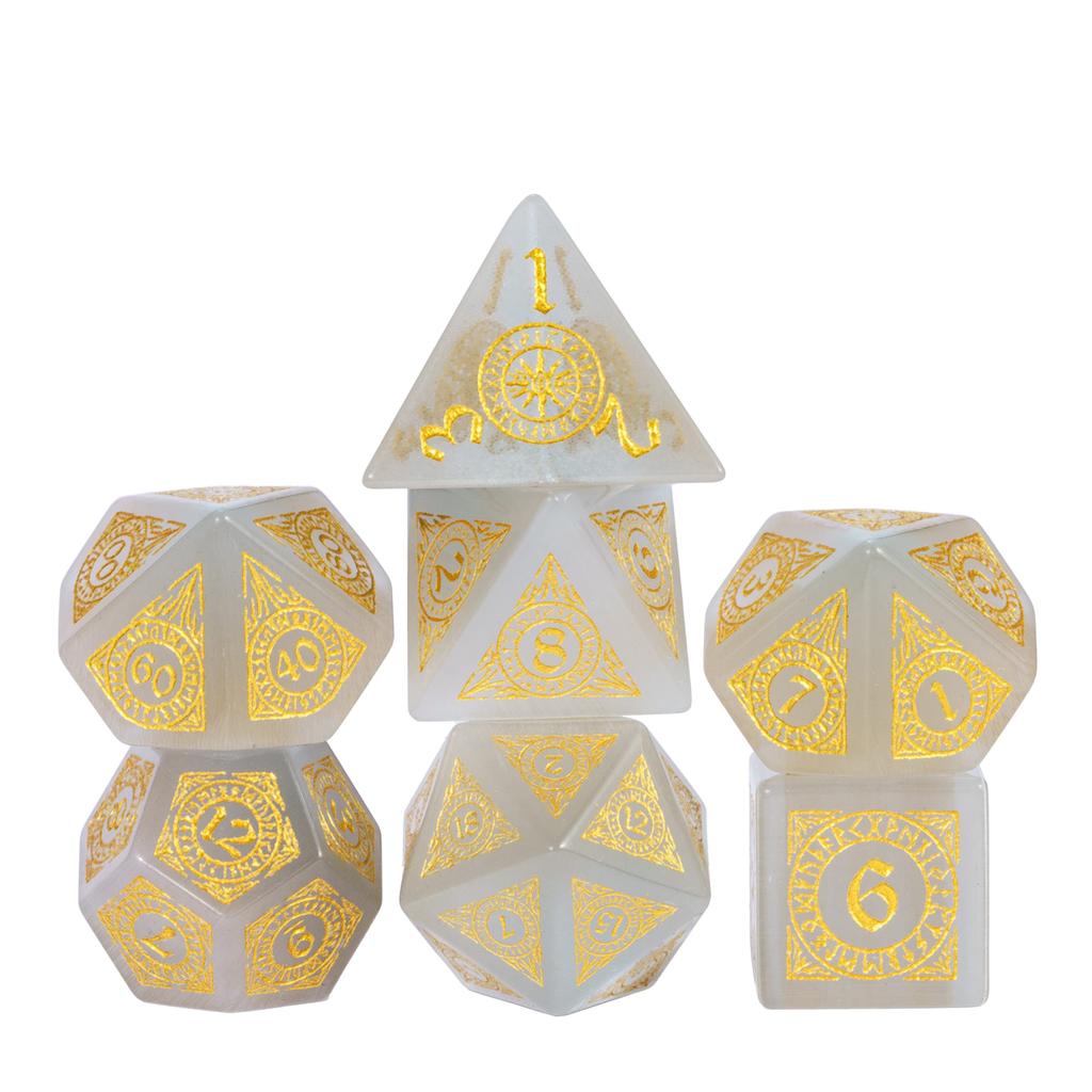 Cusdie Cat's Eye Stone DND Dice Handmade D4-D20 Polyhedral Gemstone Dice Set with Leather Box for Tabletop RPG Collection