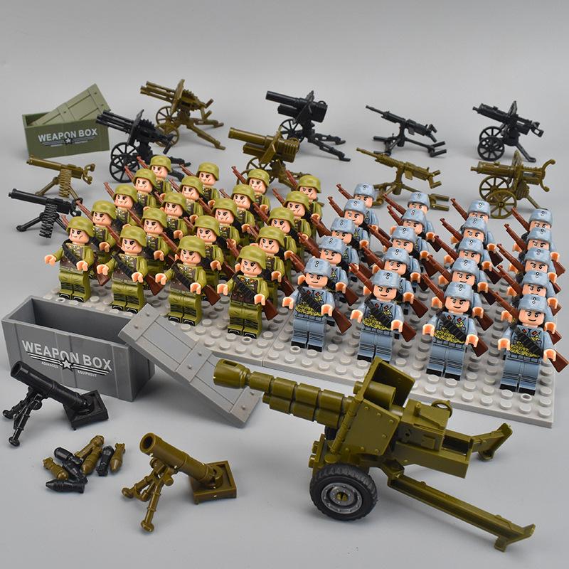 40pcs WW2 Military Figures Building Blocks Army Soldier Battlefield Machine Gun Weapons Bricks Kids Toy